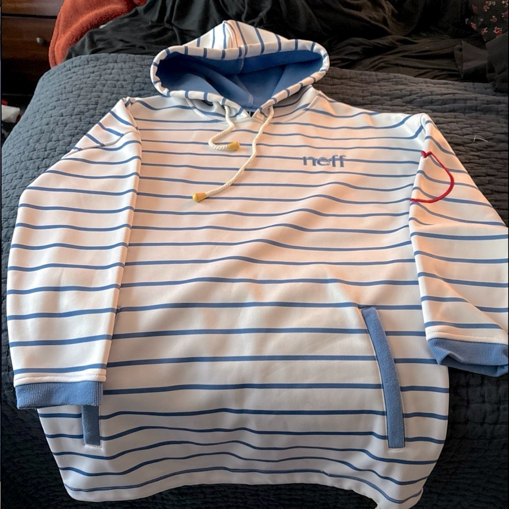 NEFF Blue and White Stripe Fleece Lined ‘Heart on Sleeve’ Hoodie Medium